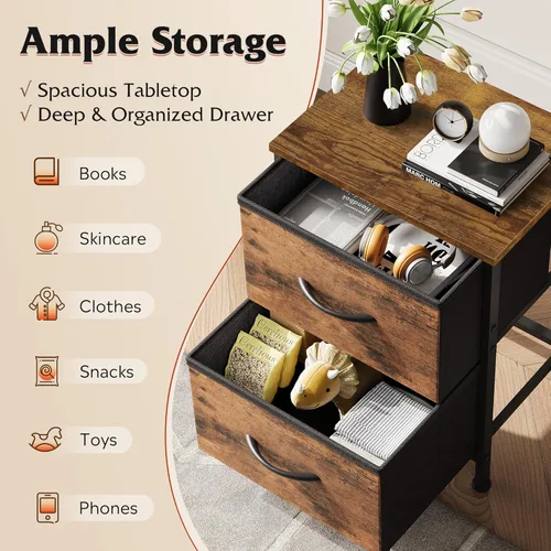 Miniatura 4 de WLIVE - Mesita de noche pequeña con 2 cajones y parte superior de madera, mesita de noche con contenedores de tela, mesa auxiliar para dormitorio