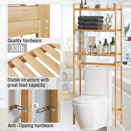 Miniatura 5 de AMBIRD Almacenamiento sobre el inodoro, organizador de baño de 3 niveles sobre el inodoro con estantes de bambú resistentes, estante de inodoro