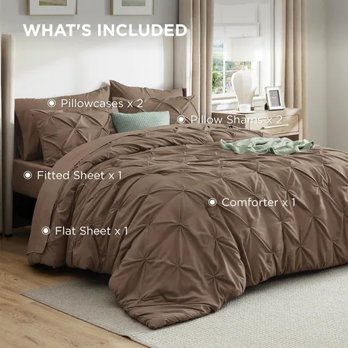 Miniatura 9 de Bedsure - Juego de ropa de cama tamaño california king de 7 piezas, con pliegues, color marrón, cama en una bolsa con edredón, sábanas, fundas de 21