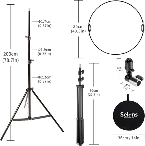 Miniatura 5 de Selens Kit de soporte reflector redondo con mango para fotografía, iluminación plegable 5 en 1 de 32 pulgadas con soporte de luz de 6.5 pies, bolsa