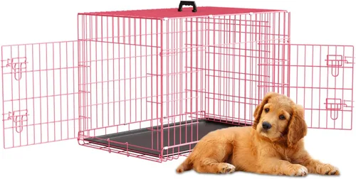 Miniatura 9 de Dopinmin Jaula grande para perros de 42 pulgadas, jaula de doble puerta para mascotas, jaula plegable de alambre de metal con panel divisor, bandeja