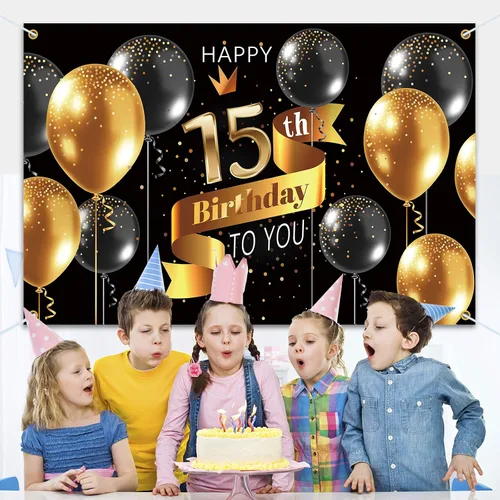 Miniatura 6 de Cartel de fondo de feliz cumpleaños 15 – Suministros de decoración de fiesta de cumpleaños 15 para niños – Oro negro 3.9 x 5.9 pies