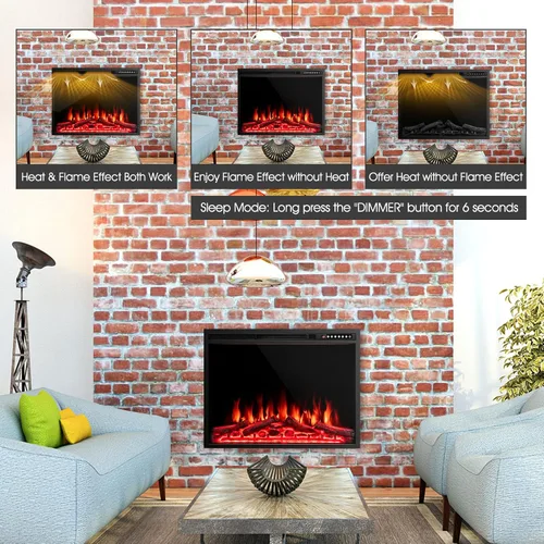 Miniatura 4 de COSTWAY Chimenea eléctrica de 34 pulgadas, calentador de chimenea empotrado y montado en la pared con 4 colores de llama y tronco, velocidad