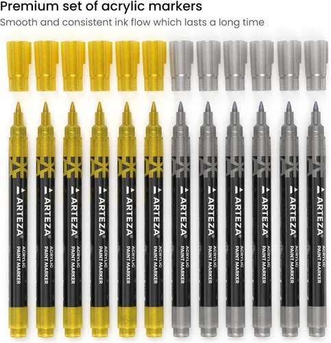 Miniatura 2 de ARTEZA Marcadores de pintura acrílica metálica, juego de 12 (6 dorados + 6 plateados), puntas extrafinas de 0.069 pulgadas, bolígrafos de pintura a