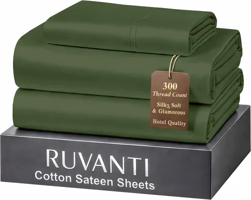 Miniatura 58 de RUVANTI Juego de sábanas de 100 % algodón tamaño matrimonial, tejido de satén suave y sedoso de 300 hilos, refrescante, ligero y transpirable, Beige