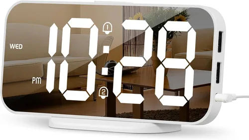 Miniatura 9 de Reloj despertador digital delgado ALANAS para dormitorios, alarmas duales con repetición, superficie de espejo, atenuador de 4 niveles y 2 puertos