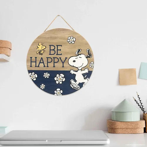 Miniatura 5 de Peanuts Snoopy Be Happy - Decoración redonda de madera para colgar en pared, divertido letrero de Snoopy para decoración del hogar, gran idea de Azul