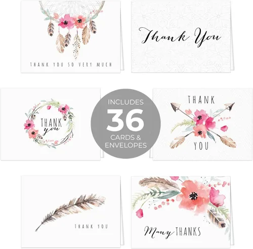 Miniatura 2 de Boho Spirit tarjeta de agradecimiento surtidas – Set de 36 interior en blanco – 6 Diseños interior en blanco – de tarjetas con sobres blancos