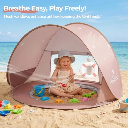 Miniatura 5 de Monobeach Tienda de campaña de playa para bebés con piscina: tienda de campaña desplegable con estrellas marrones para niños pequeños, refugio