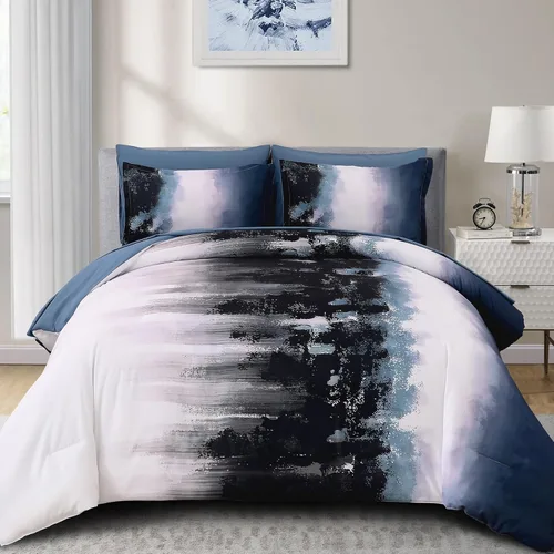 Miniatura 10 de Juego de edredón azul degradado, tamaño Queen, reversible, azul degradado, gris, bohemio, para hombres y mujeres, juego de cama de 8 piezas en una