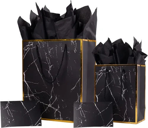 ysmile Bolsa de papel de regalo de mármol negro con papel de seda para hombres, bolsa de favor de cumpleaños, paquete de 2 (mediano y grande)