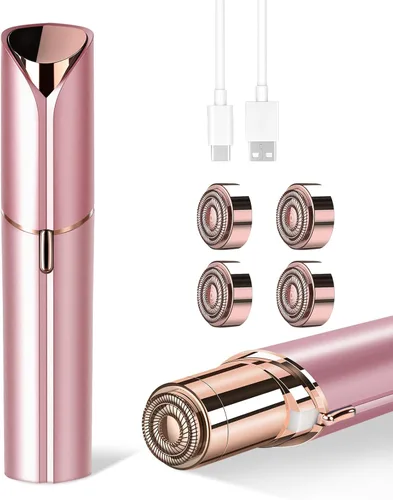 Depilación facial para mujeres, dispositivo removedor de vello portátil sin dolor, recargable, con 4 cabezales de repuesto, para cara, labio Rosa