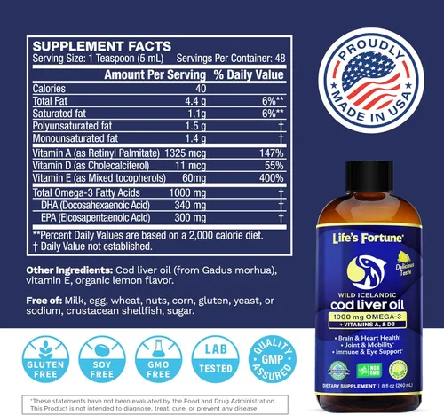 Miniatura 7 de Life's Fortune Aceite de hígado de bacalao líquido orgánico sabor a limón (8 onzas) 1000 mg de Omega + vitamina A, E y D3 – Apoya la salud