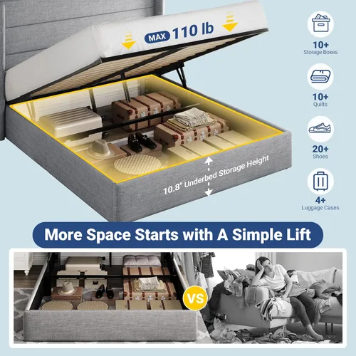 Miniatura 3 de Allewie Cama de almacenamiento elevable de tamaño completo, cabecera moderna con respaldo alado, soporte hidráulico, no necesita somier, gris claro