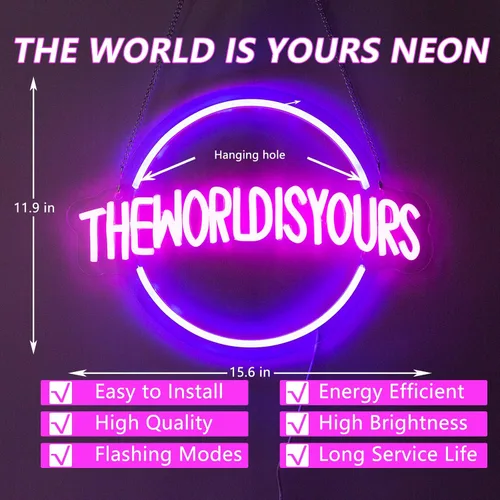 Miniatura 4 de Letrero de neón de The World Is Yours, letreros de neón para decoración de pared, letreros LED azules regulables de neón para dormitorio, letreros