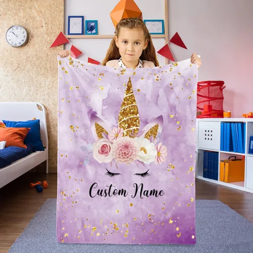 Miniatura 2 de Manta personalizada con caballo y nombre para niña, manta con nombre personalizada para adolescente, manta de franela suave color púrpura para niños