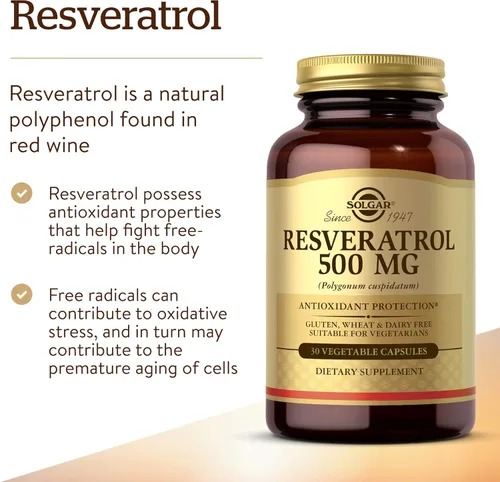 Miniatura 3 de Solgar Resveratrol 500 mg, 30 cápsulas vegetales - Protección antioxidante - Sin gluten, sin lácteos - 30 porciones