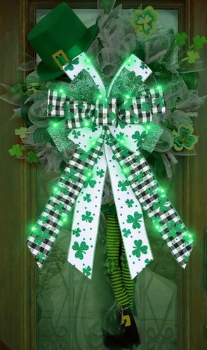 Miniatura 4 de ALIBBON Arcos LED grandes para coronas, lazos de corona de San Patricio, lazos de trébol verde con purpurina para manualidades, decoración irlandesa