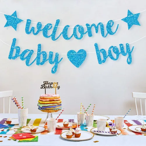 Miniatura 5 de Decoraciones de baby shower para niños, pancarta de bienvenida con purpurina, banderines colgantes para fiesta de cumpleaños de recién nacidos, Azul