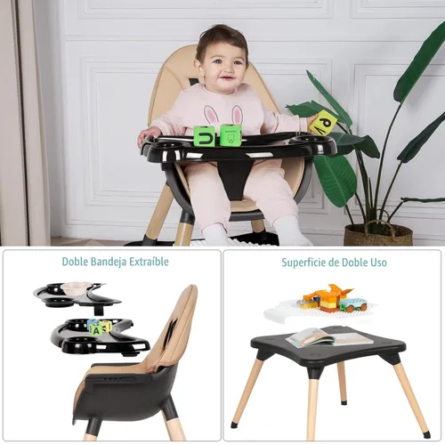 Miniatura 4 de Silla alta 6 en 1 para bebés y niños pequeños, silla alta de madera convertible, juego de mesa y silla, silla de alimentación para bebé, arnés Negro