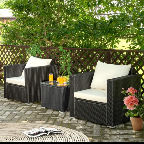 Miniatura 4 de COSTWAY Juego de muebles de patio al aire libre de 3 piezas, sillones acolchados y mesa de centro de vidrio templado, juego de sofá de mimbre