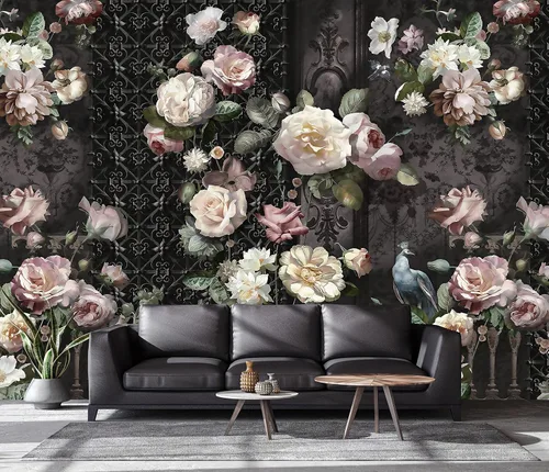 Miniatura 2 de Papel tapiz 3D con diseño de cerca negra, pavo real, pájaro, rosas en rosa, amarillo y blanco para decoración de dormitorio y sala de estar 158" x
