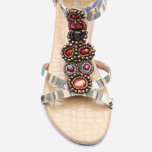 Miniatura 2 de Odema Sandalias planas para mujer, con cuentas bohemias, con cremallera trasera, zapatos elegantes