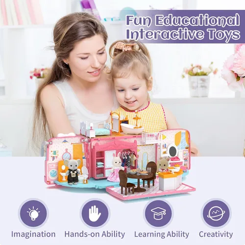 Miniatura 6 de Set de Juego Casa de Muñecas, Kit de Juguetes de Caravana Portátil DIY con Conejitos Muñecas Mini Casa de Campo Familiar para Acampar Juguetes