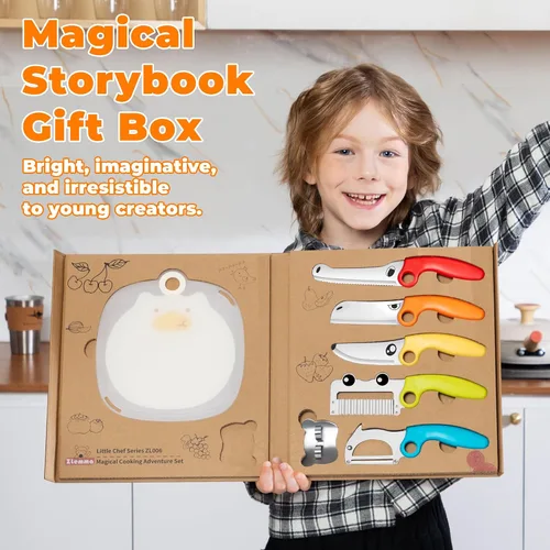 Miniatura 7 de Juego de cuchillos de cocina para niños con caja de regalo de libro mágico y anillo educativo, herramientas de cocina de animales de 7 piezas