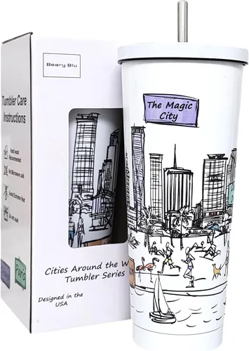 Miniatura 23 de Cities Around the World - Serie de vasos de 25 onzas – Diseñado en los Estados Unidos, vaso aislado al vacío con tapas y pajilla, taza de acero