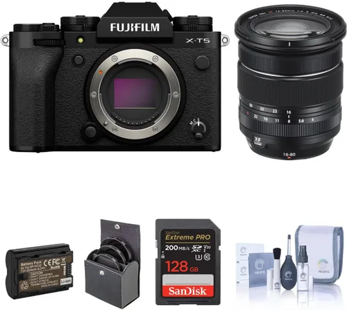 Fujifilm X-T5 Cámara sin espejo, negra con lente XF 0.630-3.150 in f/4.0 R OIS WR, tarjeta SD de 128 GB, batería adicional, kit de filtro de 2.835