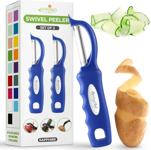 Miniatura 28 de Spring Chef Pelador de verduras giratorio profesional rojo para cocina, peladores de papas de acero inoxidable con mango de agarre suave, perfecto