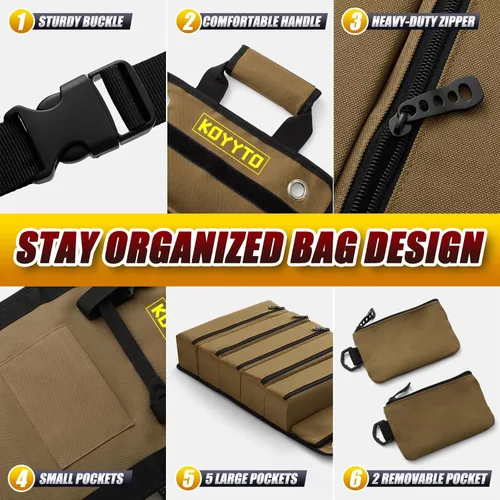 Miniatura 4 de Bolsa Enrollable Premium para Herramientas - Organizador y Almacenamiento de Bolsa de Herramientas Pequeña de Servicio Pesado con Bolsas Marrón