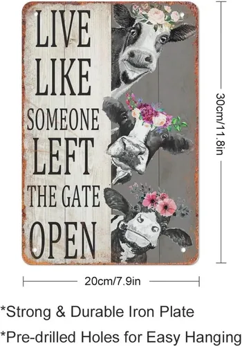 Miniatura 2 de Letrero de hojalata personalizado con diseño de vaca Live Like Someone Left The Gate Open, regalo vintage, placa de metal para hombre, cueva, bar