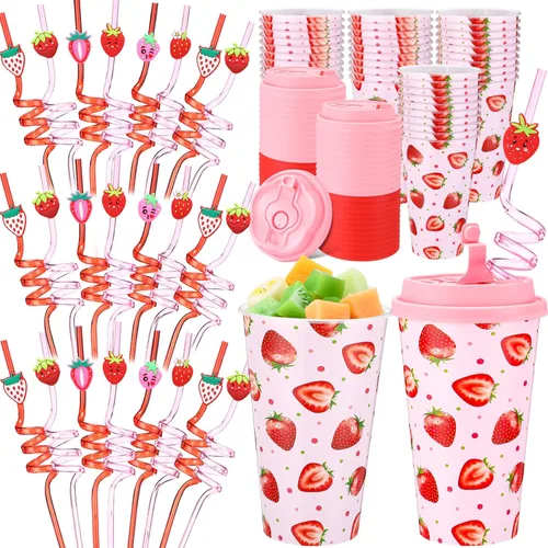 Miniatura 20 de Yungyan 16 juegos de tazas de golosinas con tapas y pajitas para decoraciones de cumpleaños, reutilizables, 16 onzas, vasos de plástico para dulces