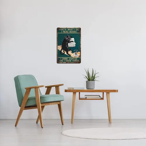 Cartel de metal divertido con diseño de gato para leer libros, beber café y saber cosas, póster retro vintage, placa de pared de metal, decoración