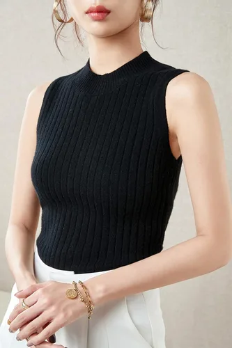 Miniatura 3 de LINY XIN Chaleco de punto 100% lana merino para mujer, sin mangas, suéter clásico sólido