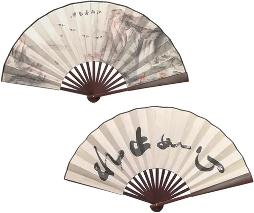 Miniatura 11 de Fox Baby 2 abanicos de mano plegables grandes, abanicos de tela de bambú de 13 pulgadas con pintura tradicional china para rendimiento, decoraciones