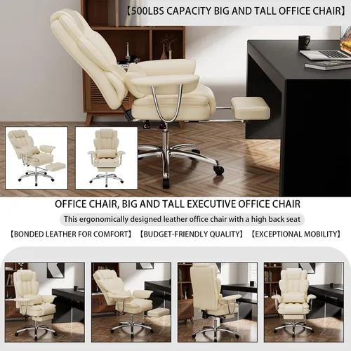 Miniatura 5 de Silla de oficina grande y alta con reposapiés, silla de oficina ergonómica reclinable, respaldo alto, silla de oficina ejecutiva para personas Beige