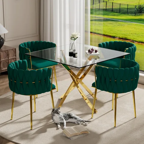 Miniatura 22 de RGZ Juego de mesa de cocina cuadrada minimalista moderna de 3 piezas, mesa de comedor de vidrio transparente con sillas tejidas negras, juego de 2