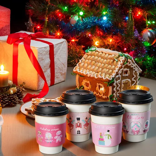 Miniatura 5 de Yungyan Paquete de 50 tazas de café desechables de Navidad de 12 onzas con tapas y mangas, tazas de chocolate caliente de papel, suministros