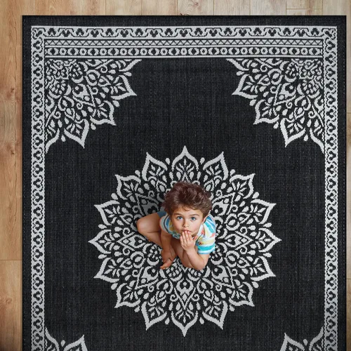 Miniatura 7 de CAMILSON Alfombra para Exteriores, 8x10 Medallón Negro Blanco Alfombras de Área Modernas para Patios Interiores y Exteriores, Alfombras de Cocina