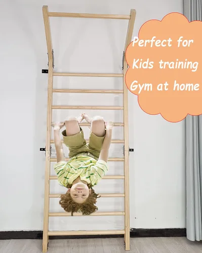 Miniatura 4 de FC FUNCHEER Escalera sueca, barra de gimnasia para montar en la pared, de madera maciza con 11 varillas estratégicas, 86.6 pulgadas de alto, 32