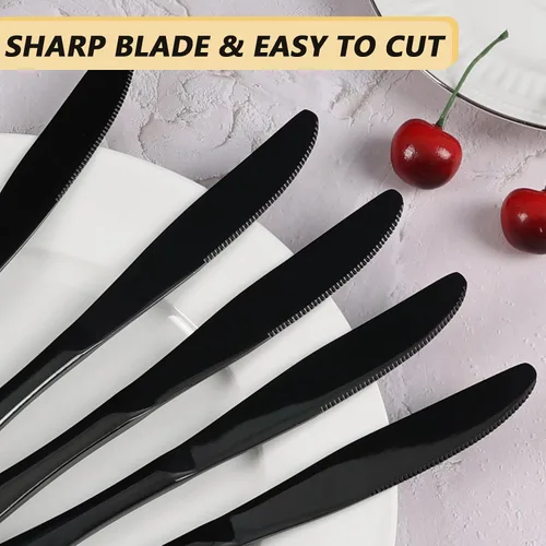 Miniatura 3 de Vababa 16 cuchillos de cena de acero inoxidable con acabado espejo, cuchillos de cena, color negro Mirror Finished, Premium Stainless Steel