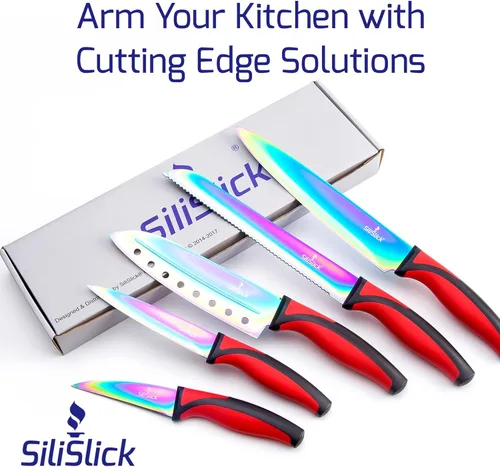Miniatura 9 de SiliSlick Juego de cuchillos de cocina, 5 cuchillos coloridos aptos para lavavajillas, afilador de cuchillos y barra de pared magnética, chapado