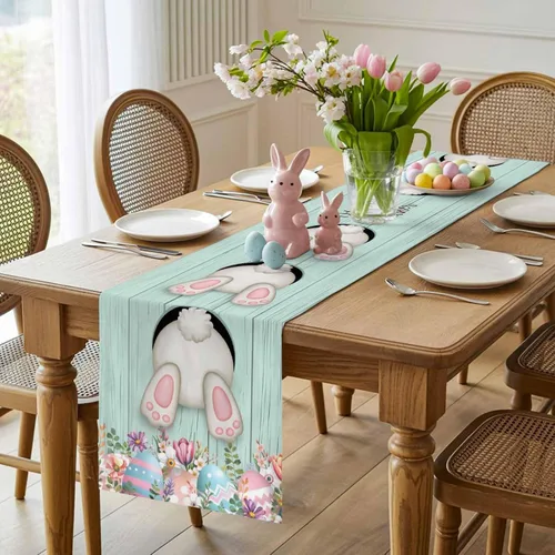 Miniatura 2 de Camino de Mesa de Algodón y Lino Happy Easter, Bufandas para Cómoda, Cola de Conejo, Huevo, Rústico, Granja, Madera, Antideslizante, Arpillera