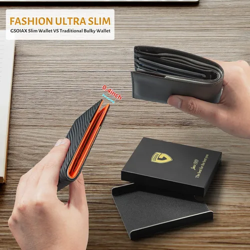 Miniatura 55 de GSOIAX Cartera delgada de cuero plegable RFID para hombre, billetera minimalista con bolsillo frontal con clip para dinero, 12 ranuras para Negro