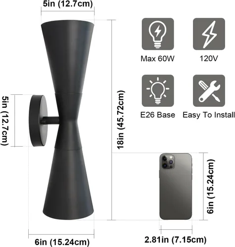 Miniatura 5 de Juego de 2 apliques de pared negros modernos, apliques de pared interiores hacia arriba y hacia abajo, lámpara de pared interior de mediados