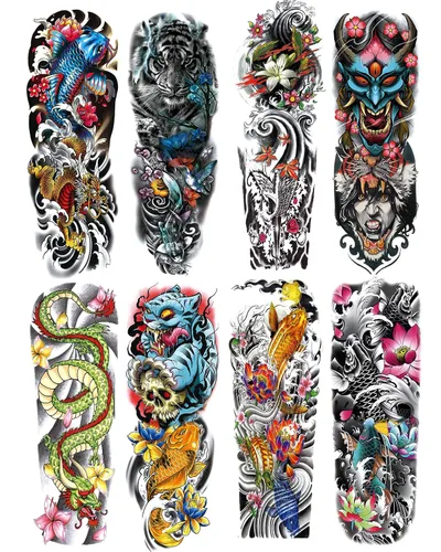 Miniatura 5 de Tatuajes temporales de manga completa, 8 hojas de tatuajes temporales de manga temporal de pez dragón y tigre para hombres y mujeres, impermeables