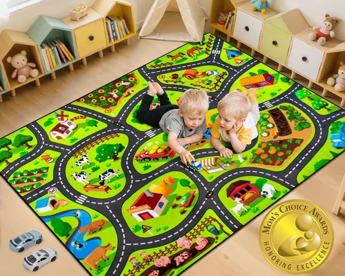 Alfombra de juego de granja para niños, 3 x 5 pies, alfombra de juego de actividades Happy Farm, extra gruesa (0.4 pulgadas), alfombras 3-Alfombra